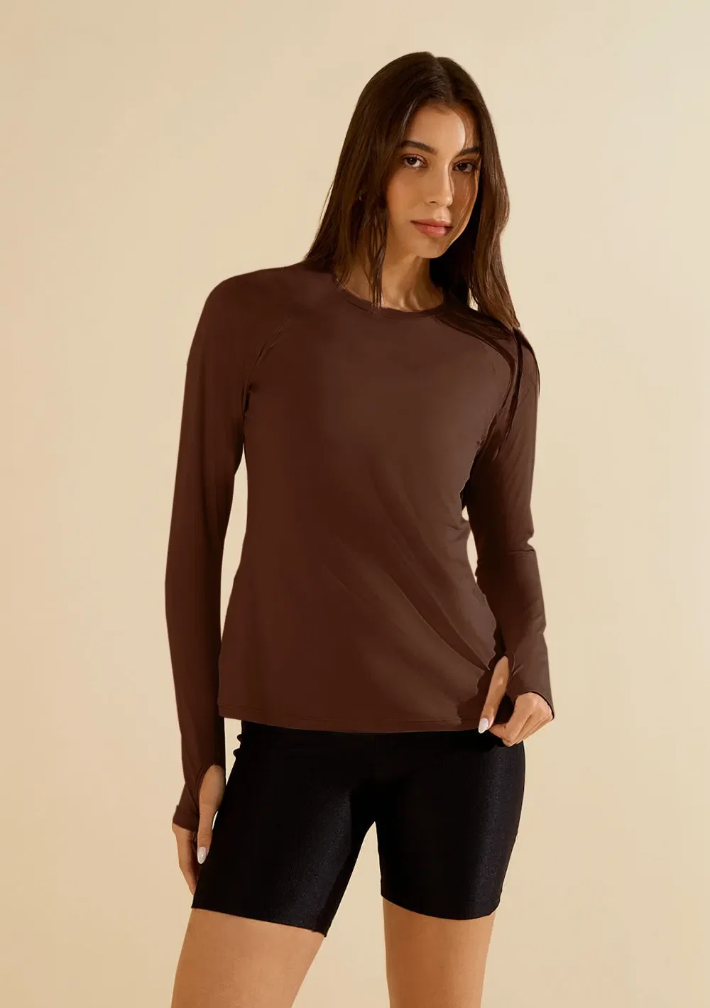 Blusa Morena Rosa Solta Decote Careca Manga Longa Padrão Marrom
