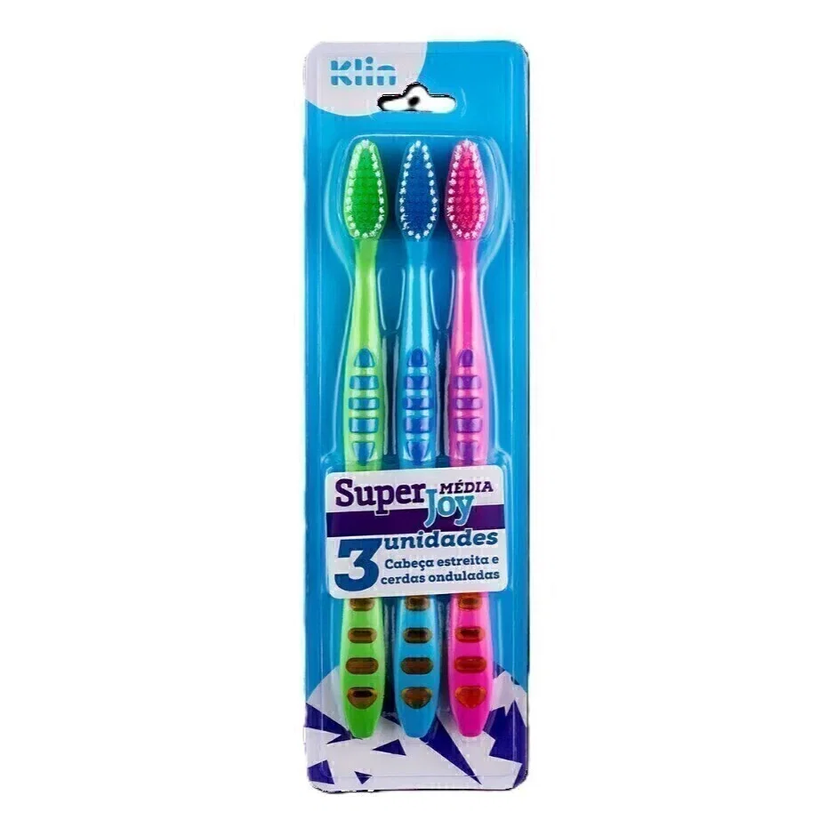 Kit 3 Escovas Dentais Klin Super Joy Médias