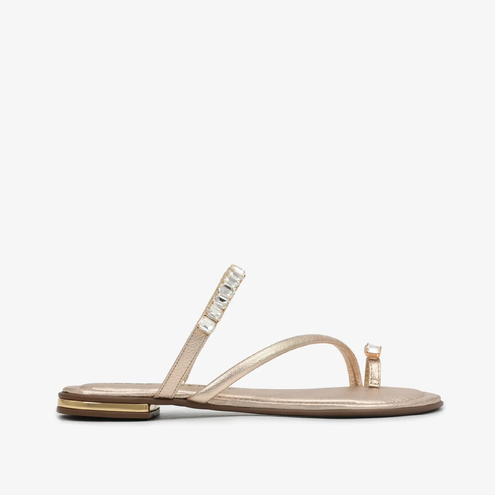 Chinelo Flat Dourado Ouro Pedrarias Couro