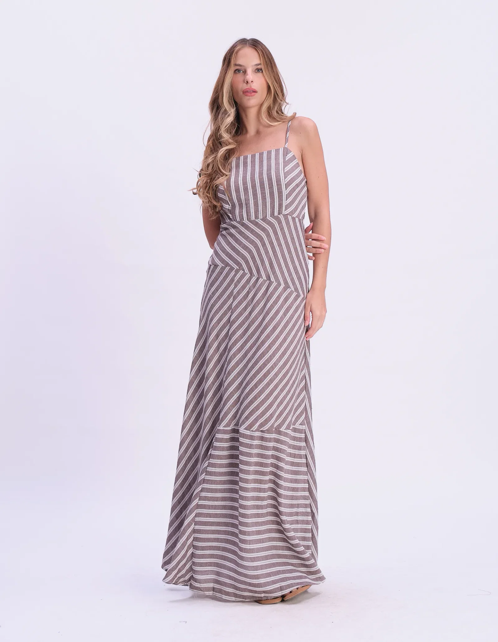 Vestido Longo Mix Listado - Marrom — imagem 1