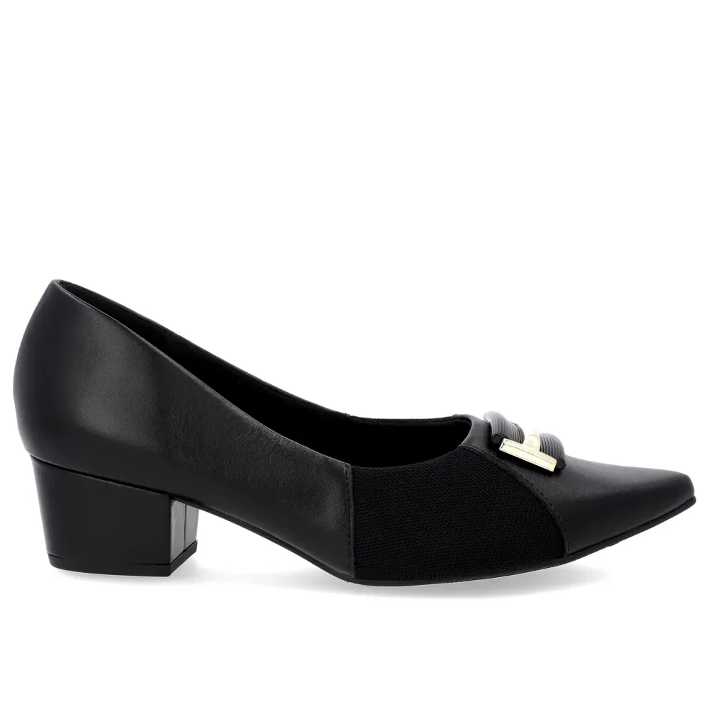 Scarpin Bico Fino Couro Preto Detalhe Tecido — imagem 1