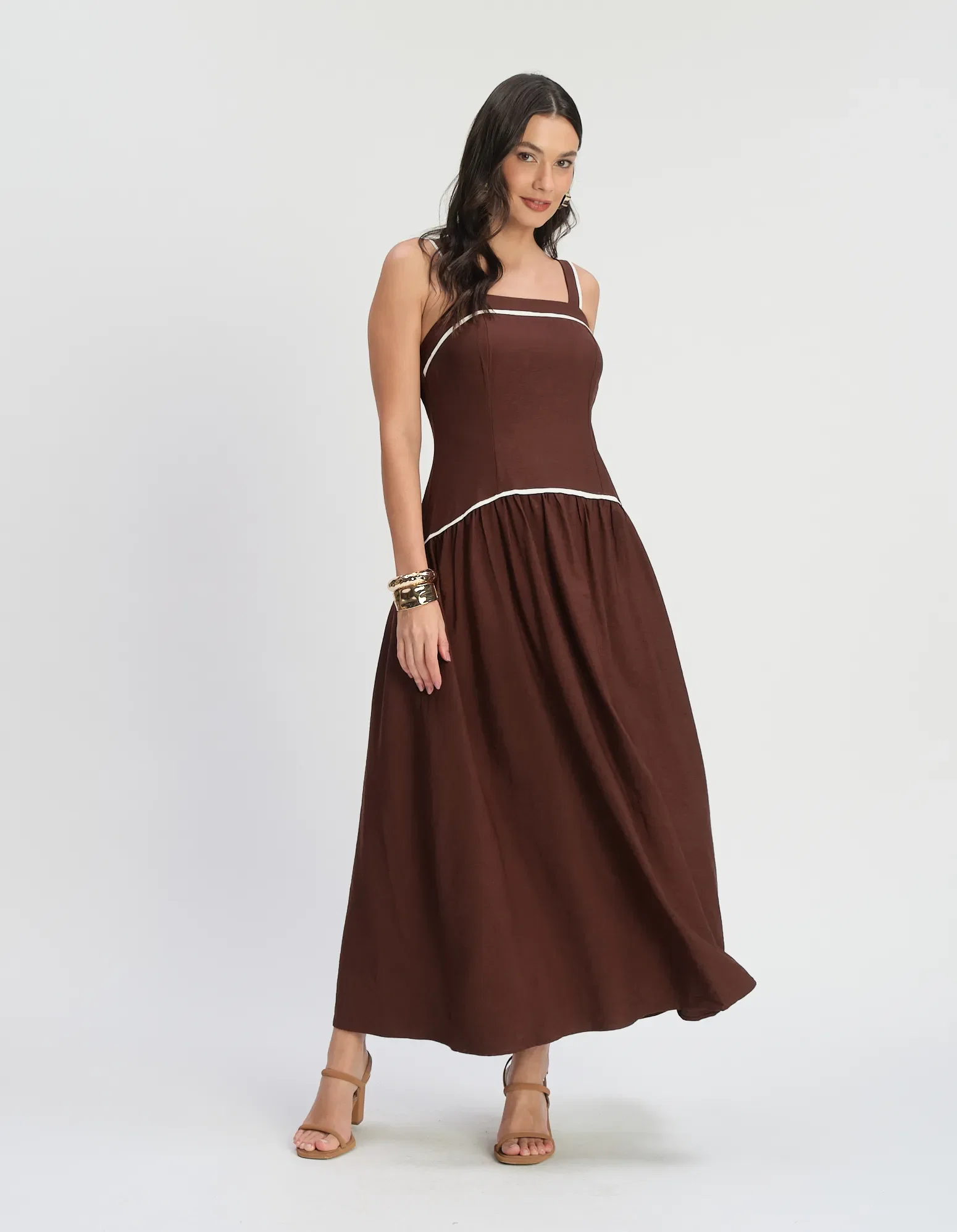 Vestido Longo Cintura Deslocada Vivos - Cafe — imagem 1