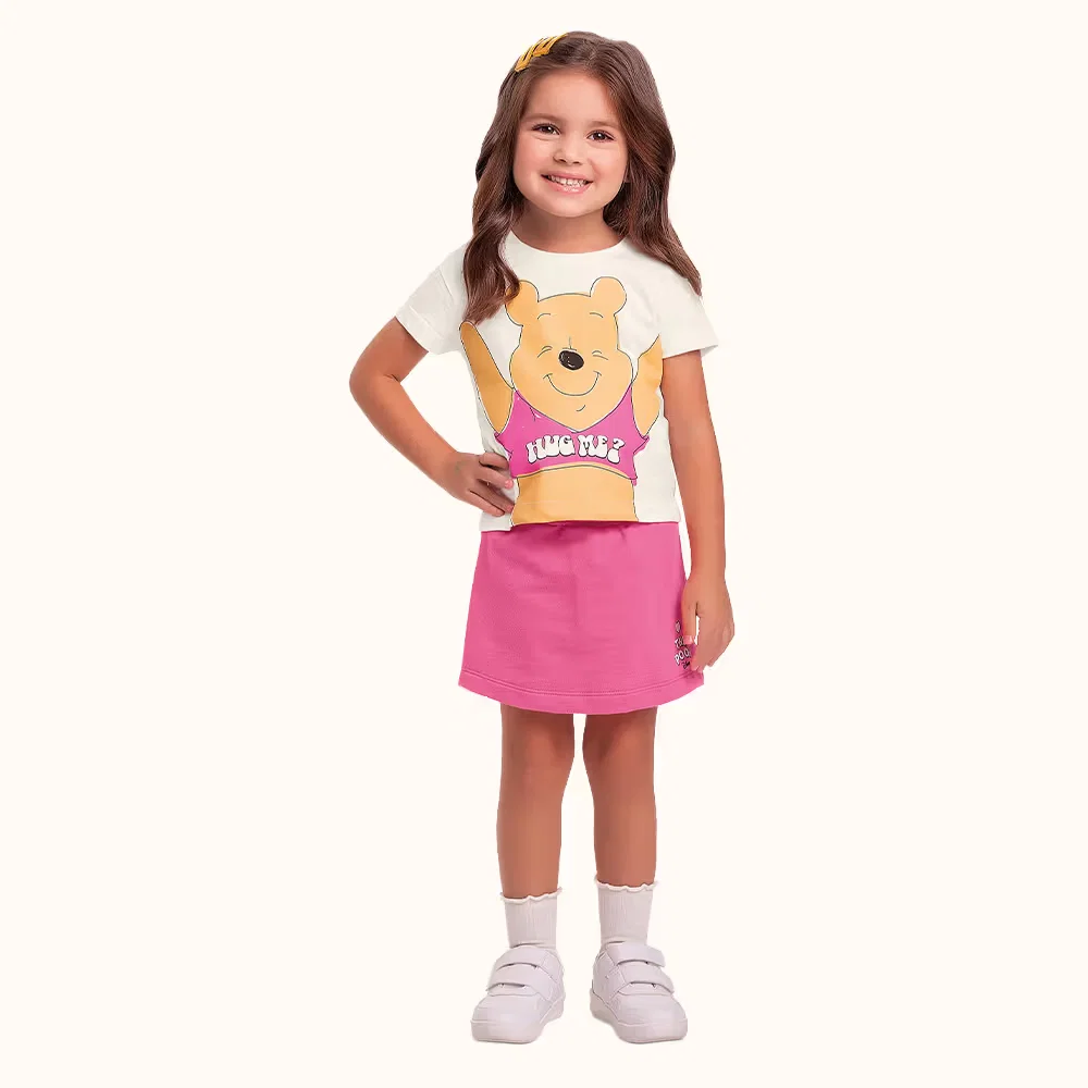 Conjunto blusa em meia malha e short saia em moletinho ursinho pooh — imagem 1