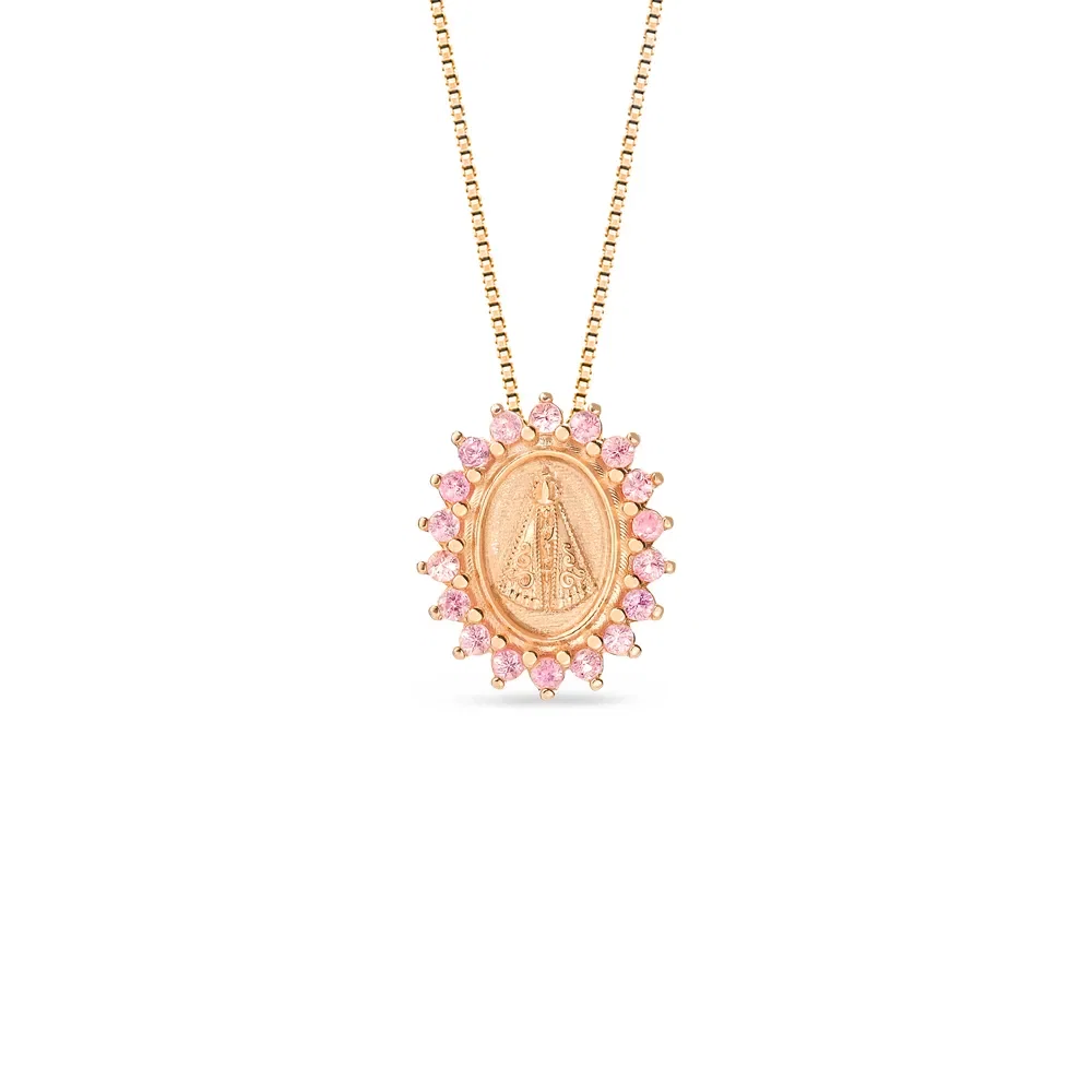 Pingente Medalha N.Sra. Aparecida em Ouro Rosé 18k com Safiras Rosa, 15mm — imagem 1