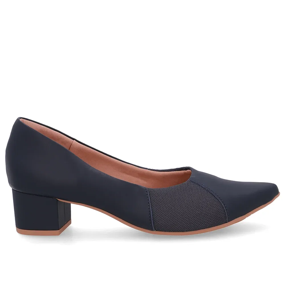 Scarpin Couro Azul Bico Fino Lateral Tecido — imagem 1
