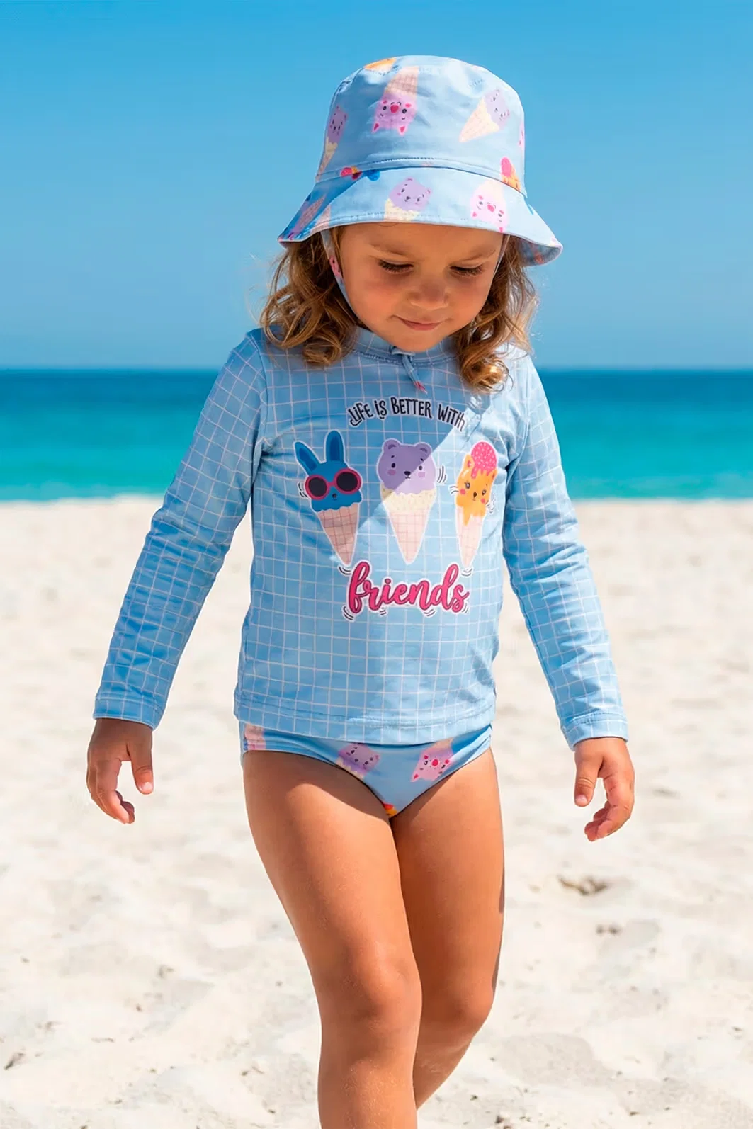 Conjunto infantil moda praia blusa manga longa, calcinha e chapéu — imagem 1