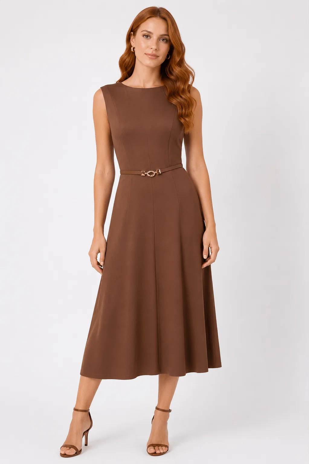 Vestido Midi Com Cinto - Marrom