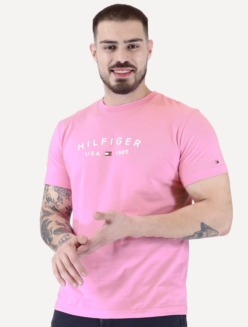 Camiseta Tommy Hilfiger Masculina Fathers Arc USA Rosa — imagem 1