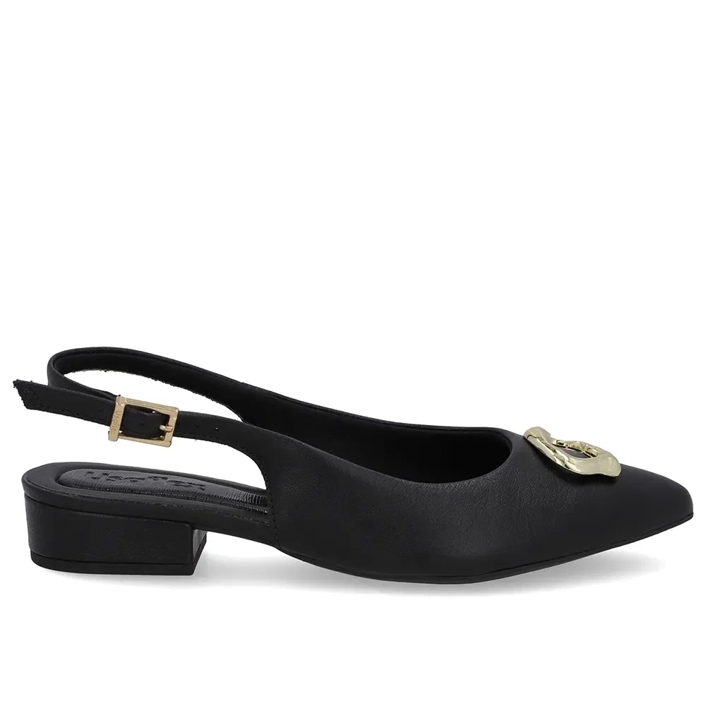 Slingback Preto Couro Enfeite