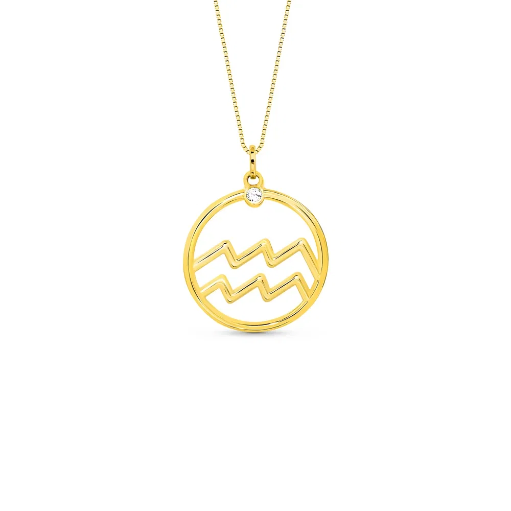 Pingente ZodíAço Aquário em Ouro Amarelo 18k com Safira Incolor , 17mm — imagem 1