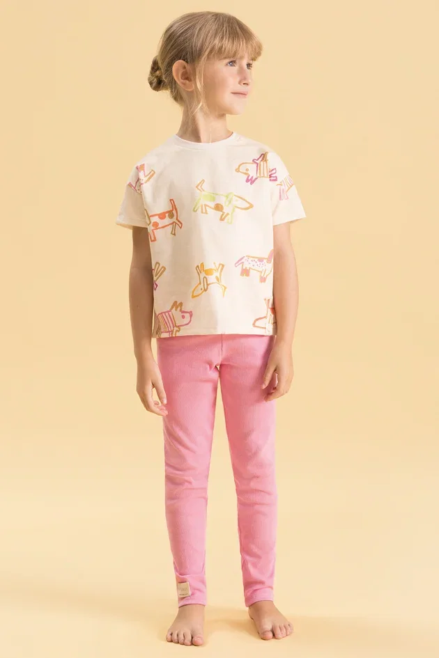Pijama Infantil em Malha de Algodão com Blusa Estampada e Calça Legging