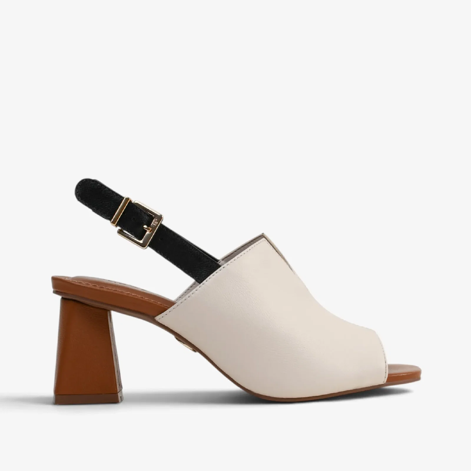 Sandália Salto Bloco Off White Algodão Couro