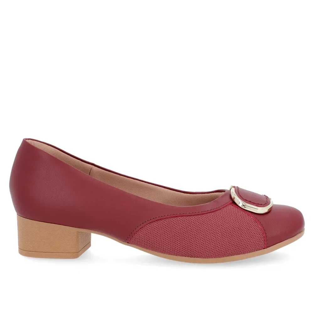Scarpin Couro Vermelho Salto Bloco Tecido — imagem 1