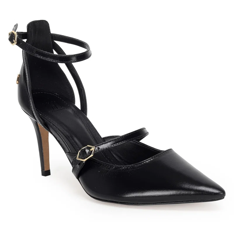 Scarpin Couro Tiras Com Fivelas E Tornozeleira 8cm