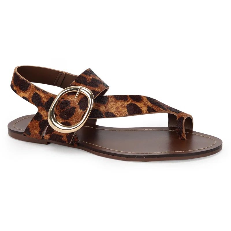 Sandália Rasteira Couro Pelo Animal Print Fivela