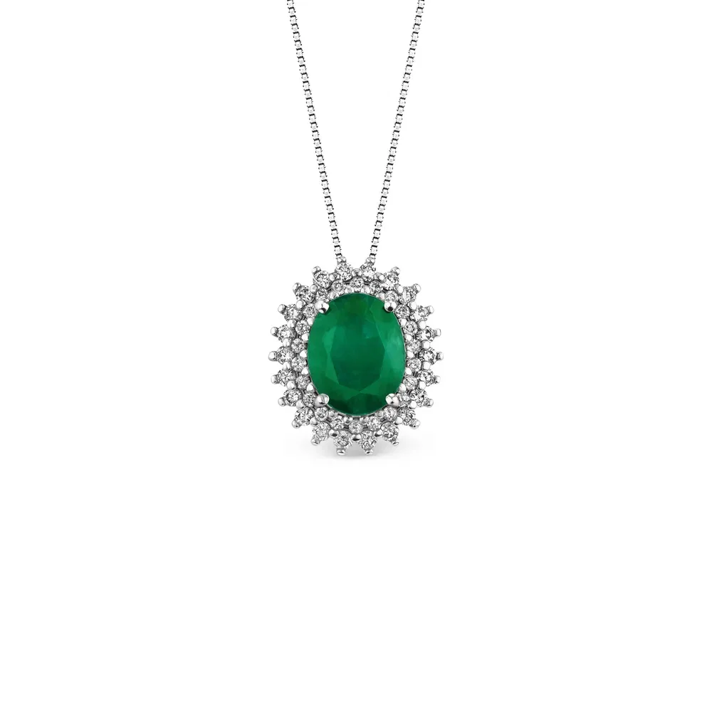 Pingente Ouro Branco Esmeralda e Diamantes, 15mm