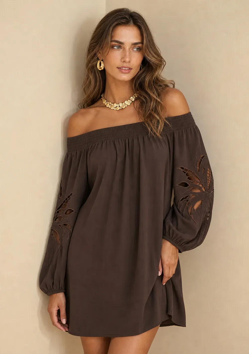 Vestido Ombro a Ombro Tropicalia Marrom
