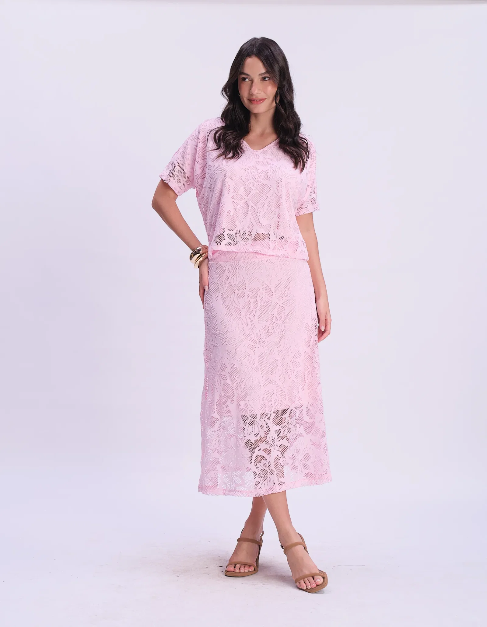 Saia Midi Renda Flores - Rosa