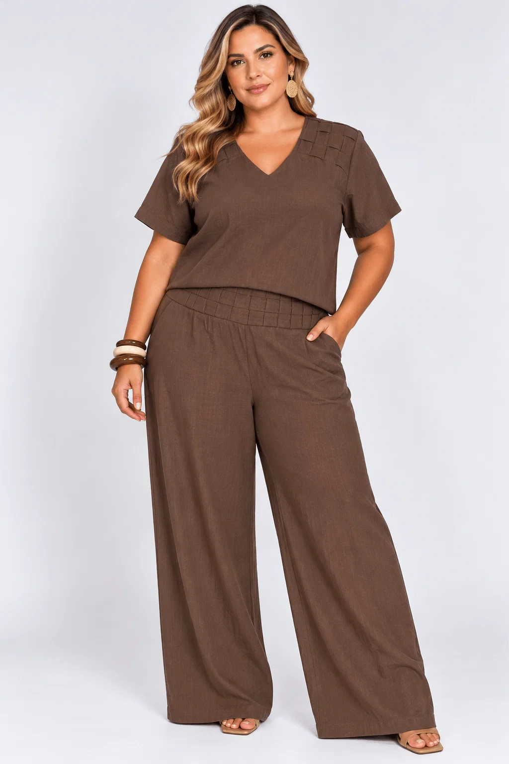 Blusa Ampla Detalhe Linho Tramado - Marrom