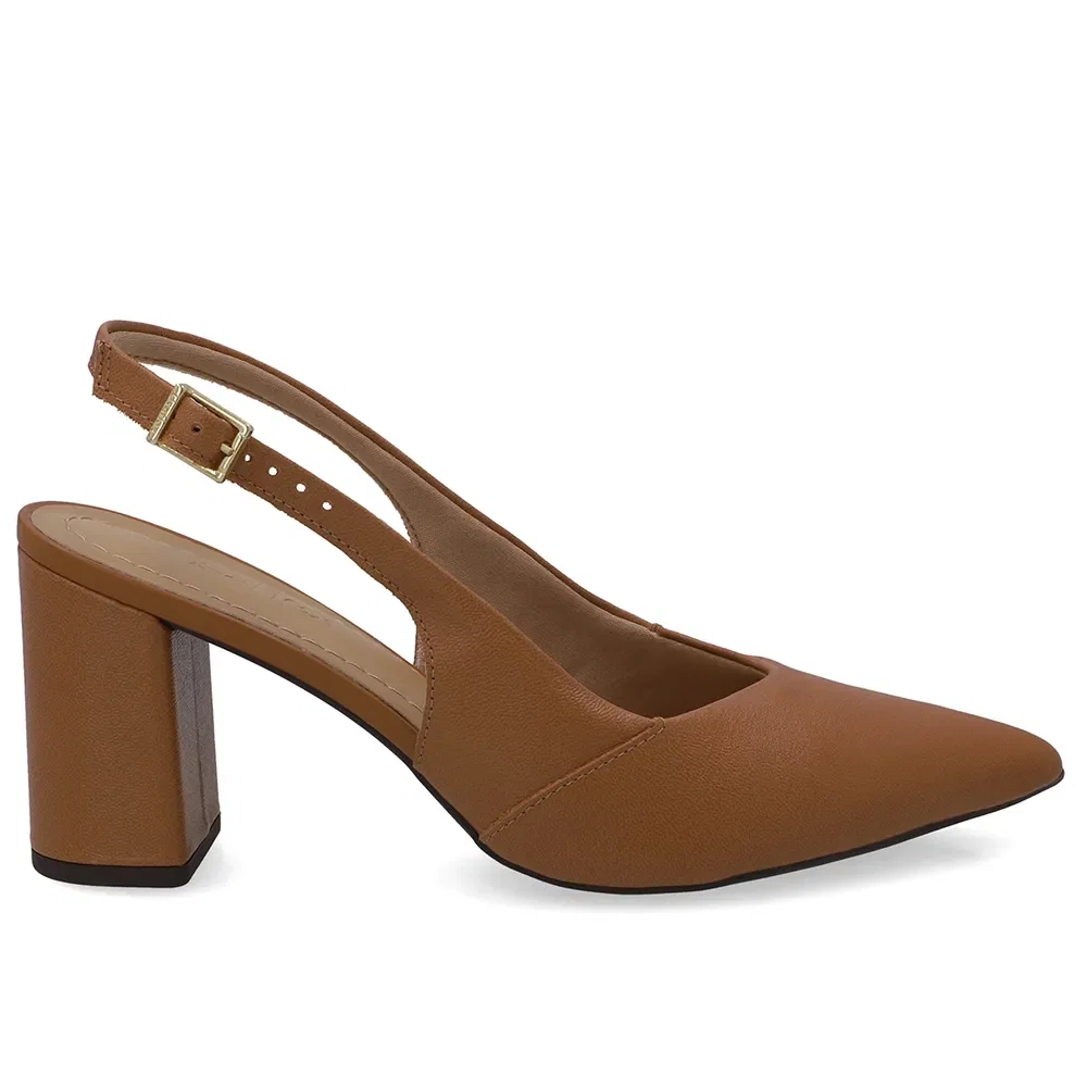 Slingback Salto Bloco Em Couro Marrom Com Bico Fino — imagem 1