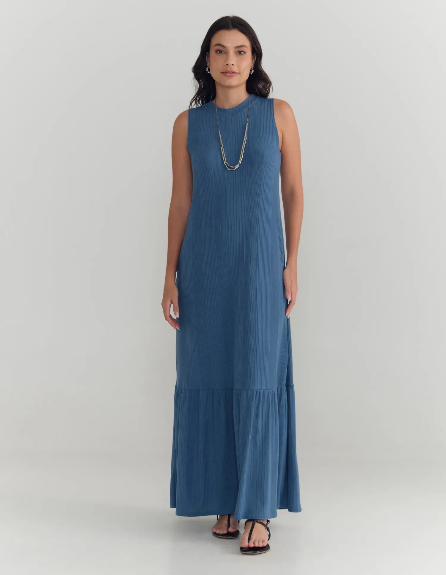 Vestido Longo Marias Decote Canoa - Azul Jeans