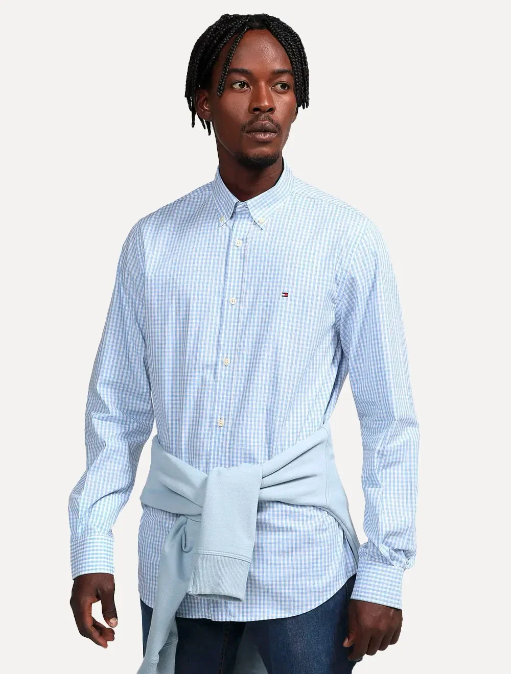 Camisa Tommy Hilfiger Masculina Xadrez Gingham Branca / Azul Claro — imagem 1