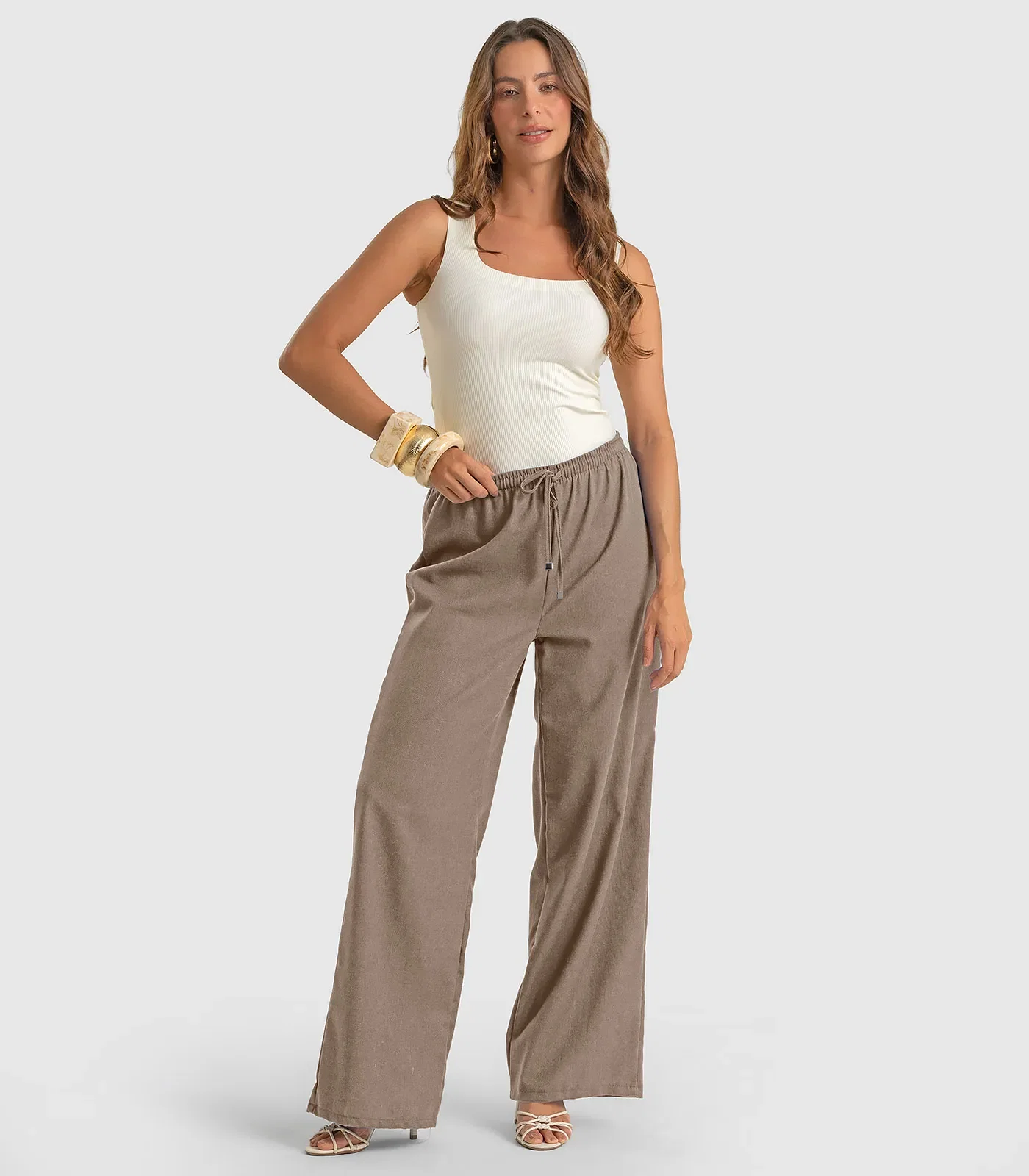 Calça Feminina Shape Pantalona Em Linho Dianna Marrom