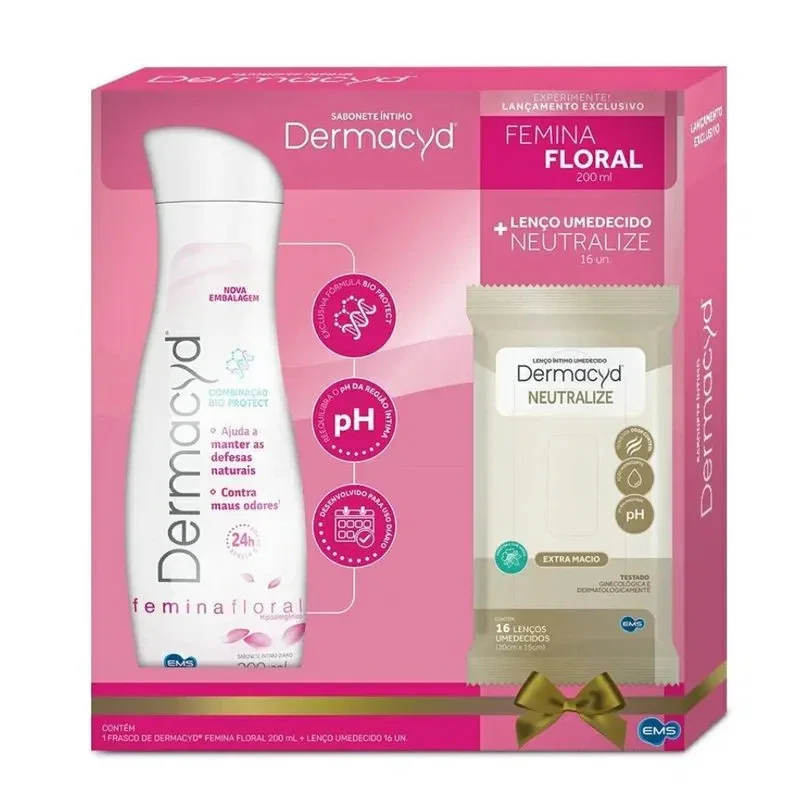 Kit Dermacyd Femina Floral Sabonete Íntimo 200ml + Lenço Umedecido Neutralize 16 Unidades