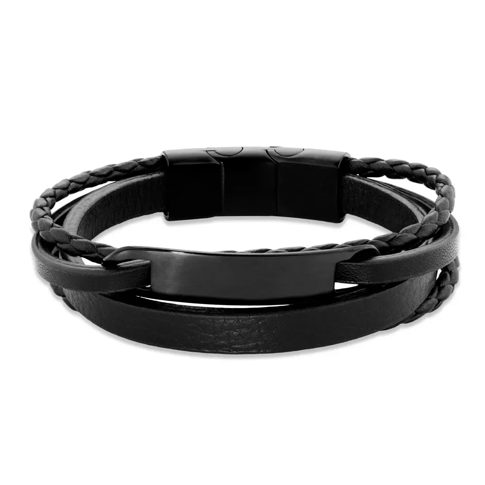 Pulseira Life Trançada X em Couro Preto com Aço — imagem 1