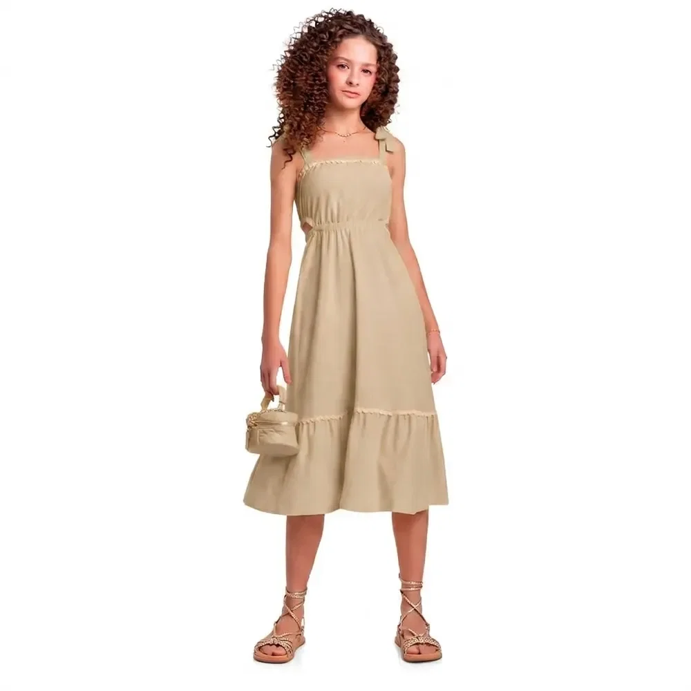 Vestido juvenil feminino com alças de laço