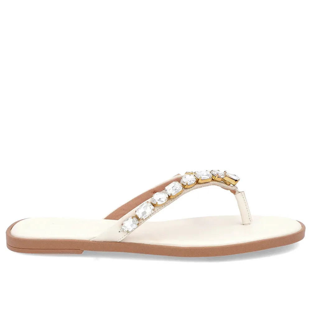Chinelo Salto Rasteiro Couro Branco Enfeite — imagem 1
