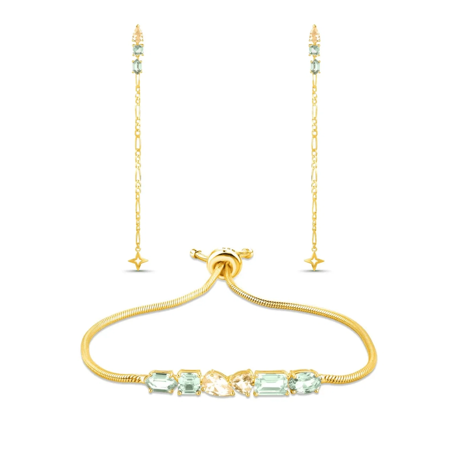 Kit Life Bellini Brinco + Pulseira em Prata 925 com Banho de Ouro 18K e Zircônia Verde