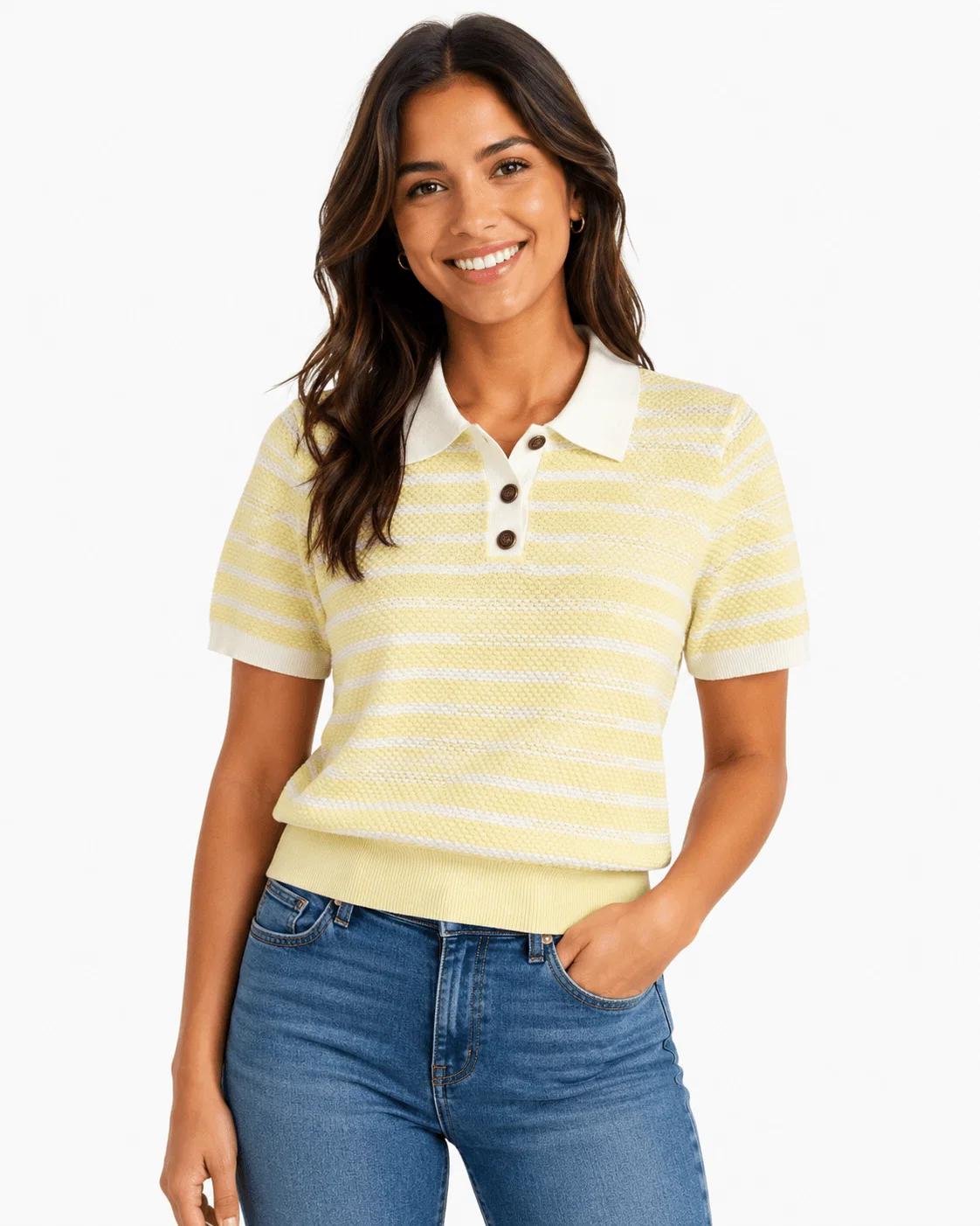 Blusa Tricot Gola Polo e Botões - Amarelo