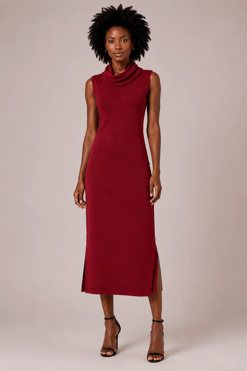 Vestido Longo Sem Manga Gola Alta - Vinho