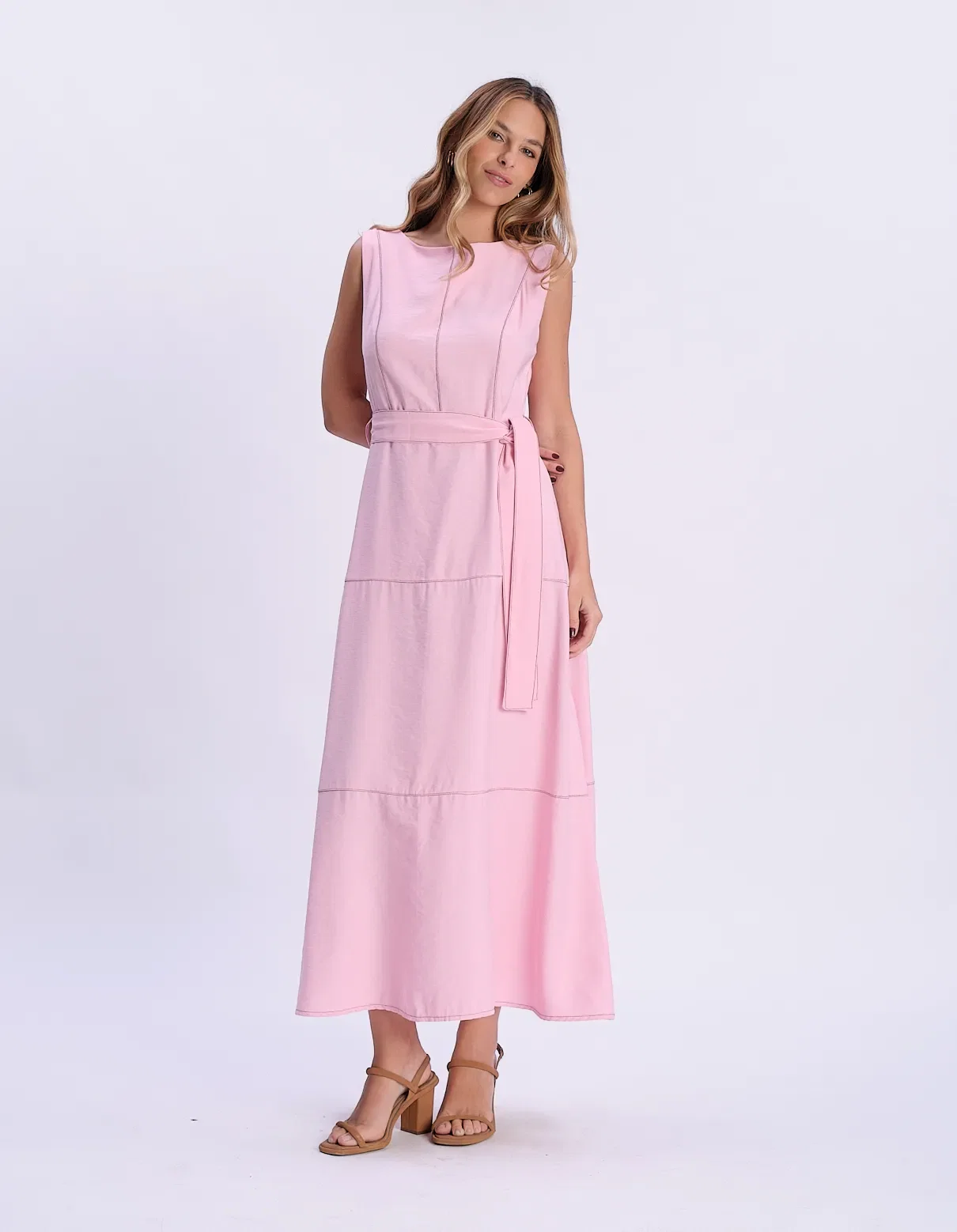 Vestido Longo Pesponto Contrastante - Rosa — imagem 1