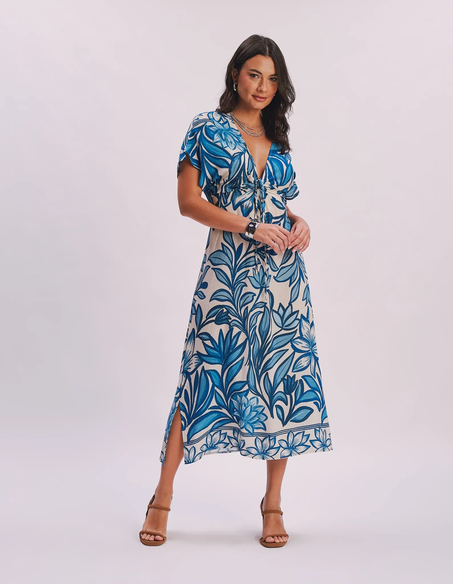 Vestido Longo Barrado Folhagem Azul - Areia — imagem 1