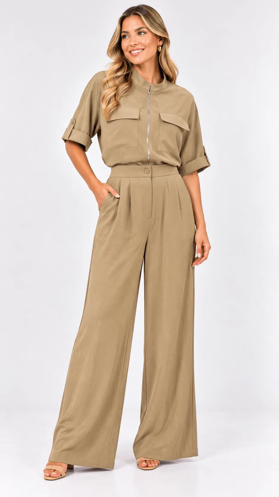 Calça Pantalona Bolsos - Bege