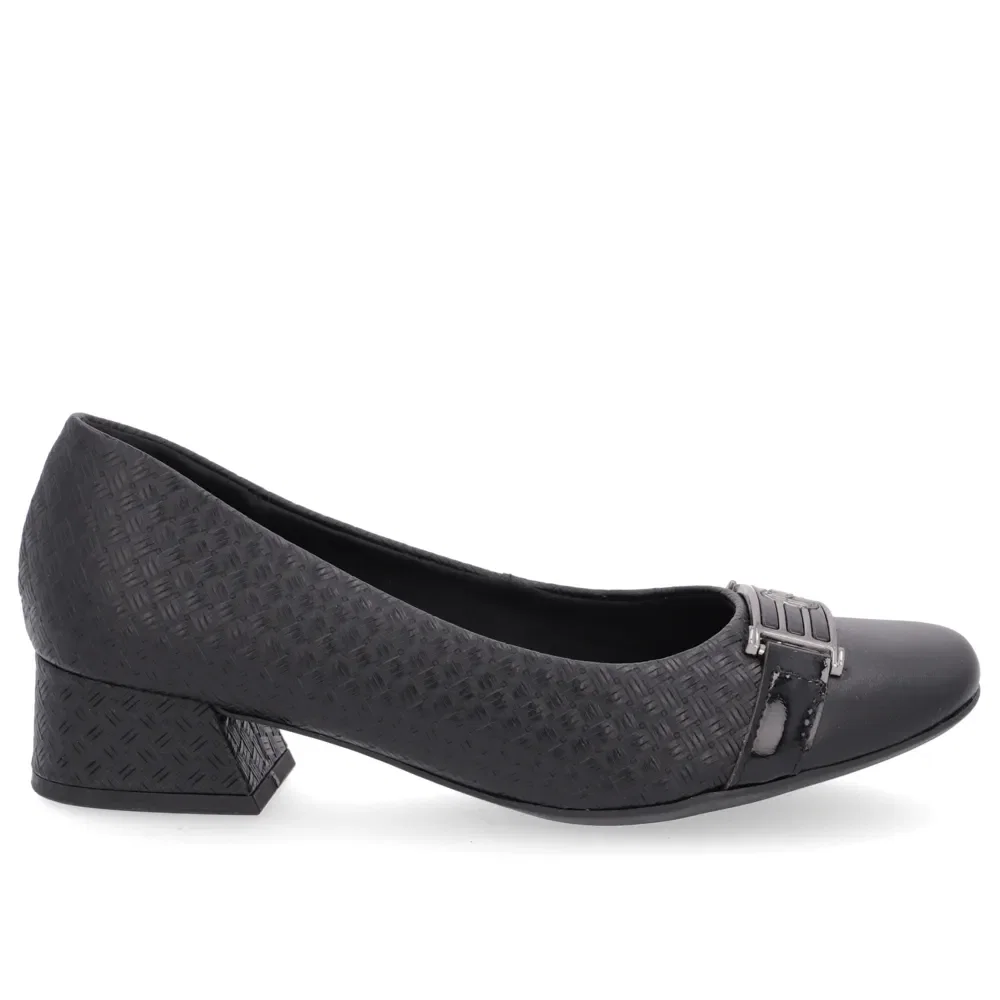 Scarpin Preto Salto Bloco Couro Detalhe Fivela — imagem 1