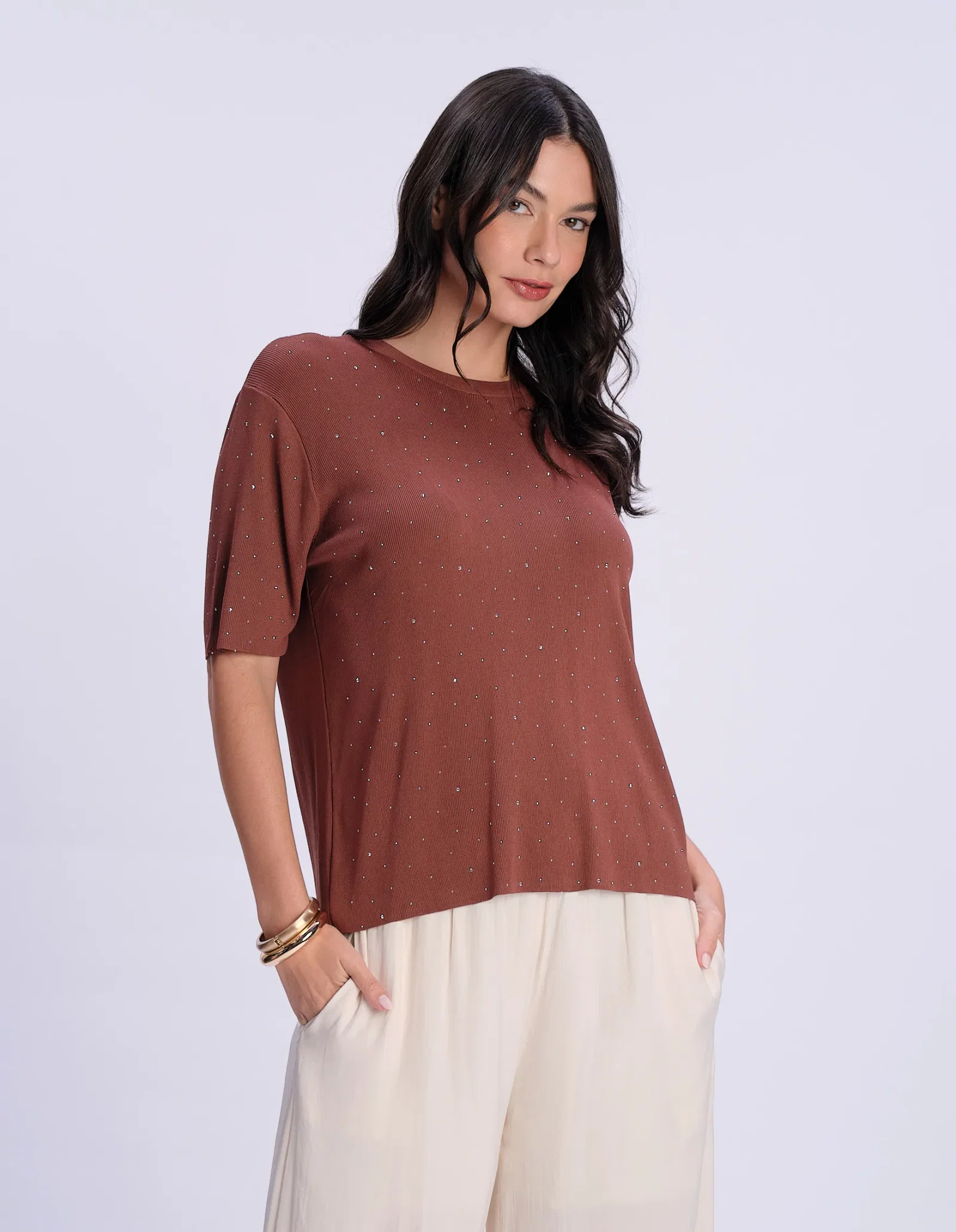 Blusa Manga Curta Brilhos - Terracota — imagem 1
