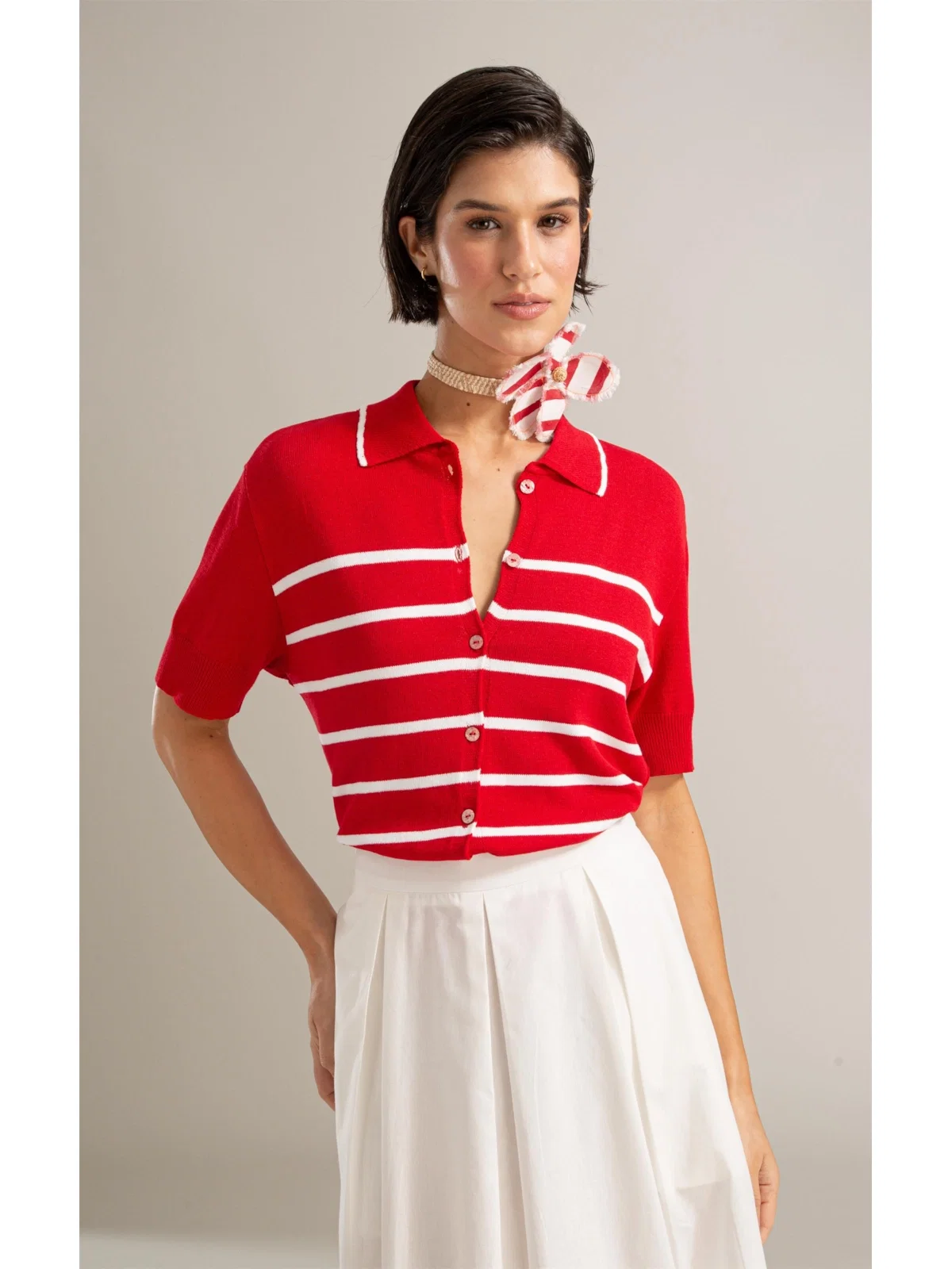 Tricot Polo Tita Listrado Vermelho — imagem 1