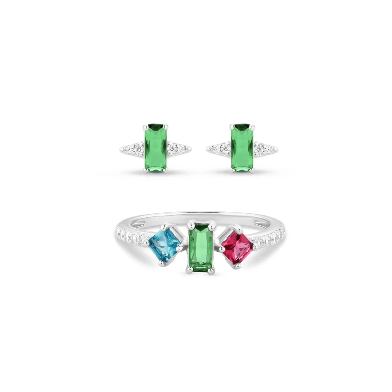 Kit Life Colore Anel + Brinco em Prata 925 Cristais Verde, Rosa, Azul e Incolores