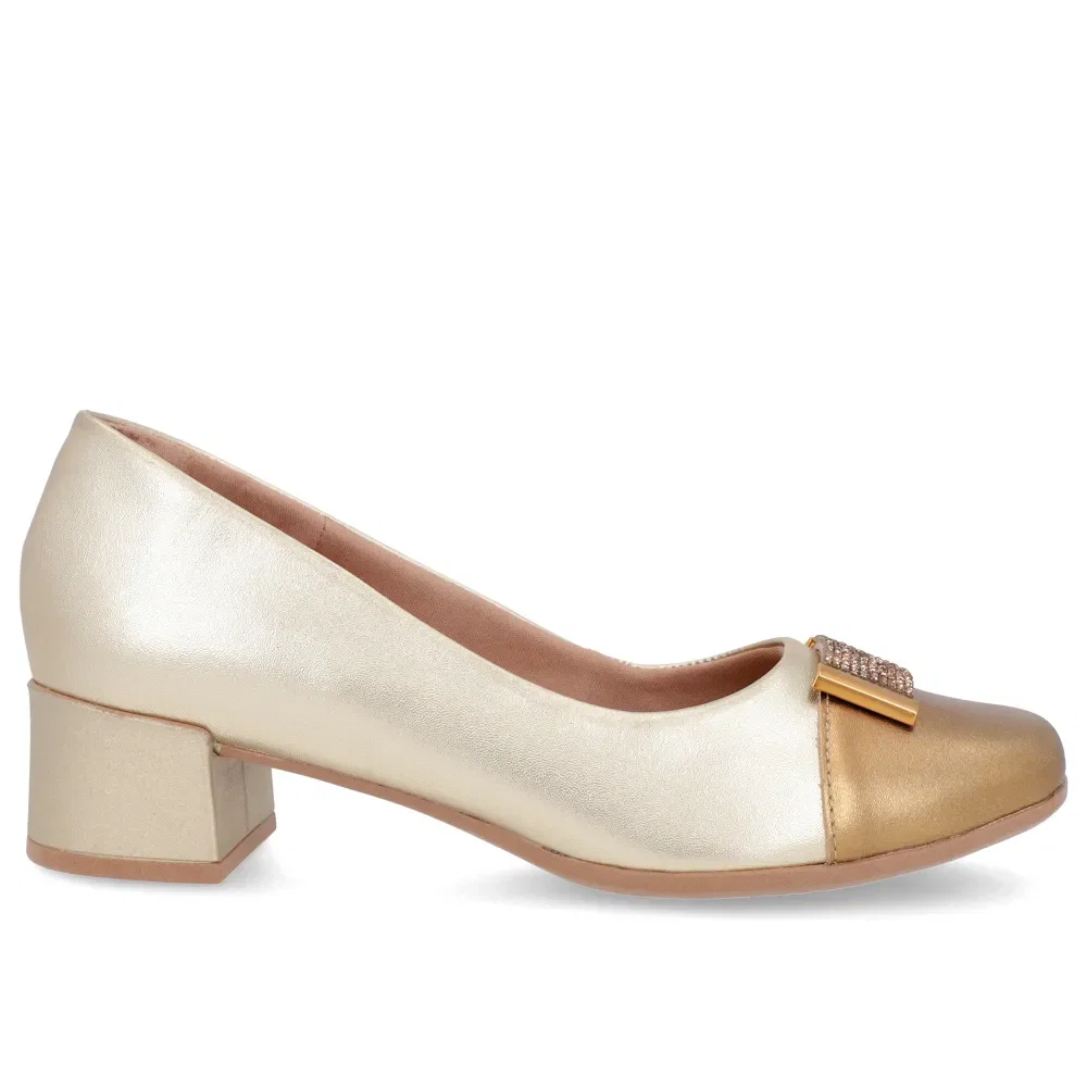 Scarpin Dourado Couro Bico Quadrado Enfeite — imagem 1