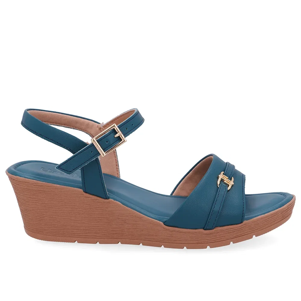 Sandália Salto Anabela Tira Couro Azul Enfeite — imagem 1