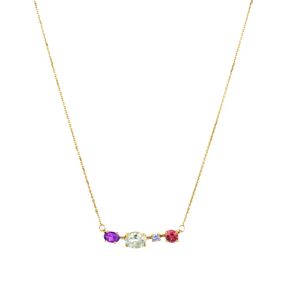 Colar Pietre em Ouro Amarelo 18k com Rodolita, Ametista Roxa, Ametista Verde e Prasiolita, 45cm — imagem 1