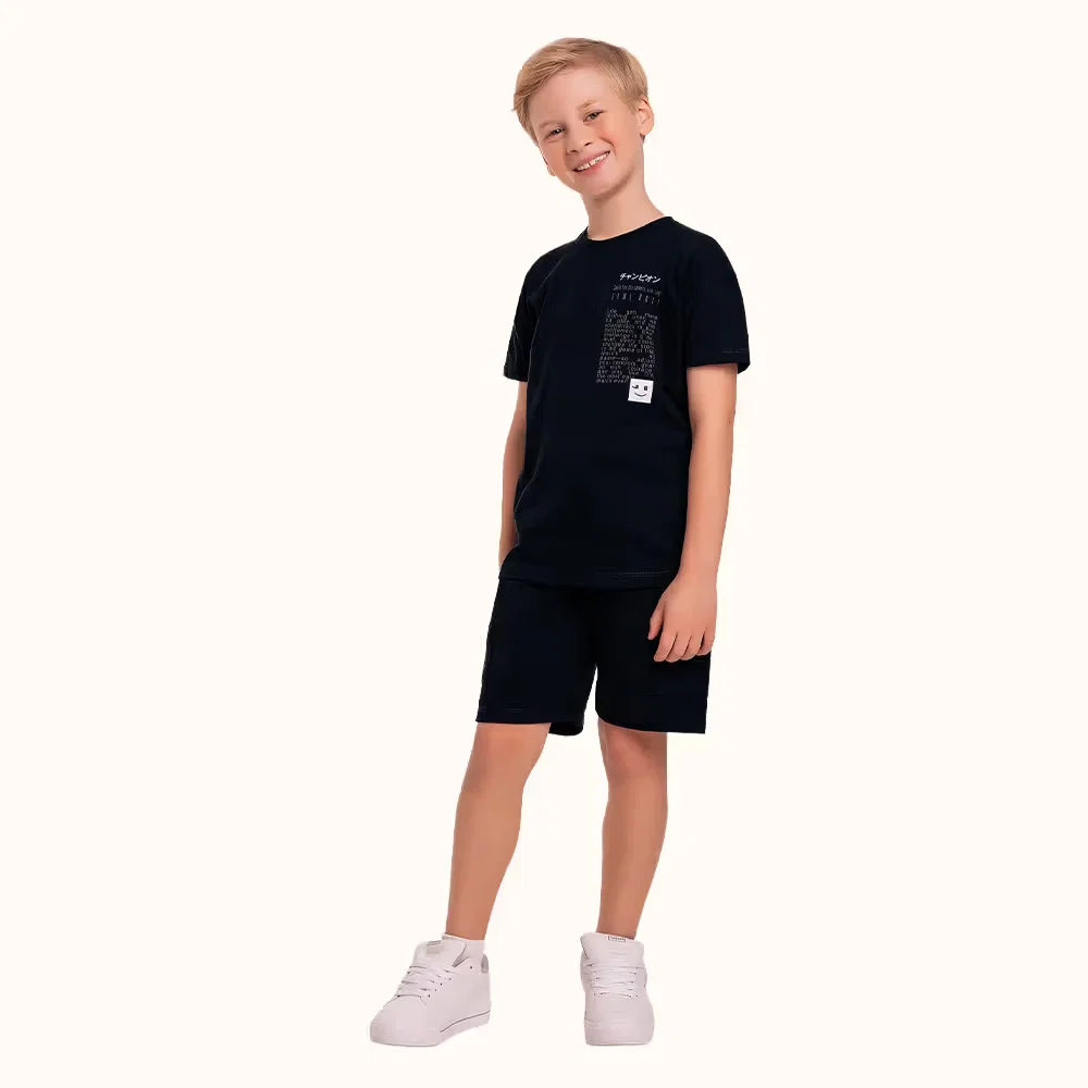 Conjunto camiseta em meia malha e bermuda em moletinho Emoji — imagem 1