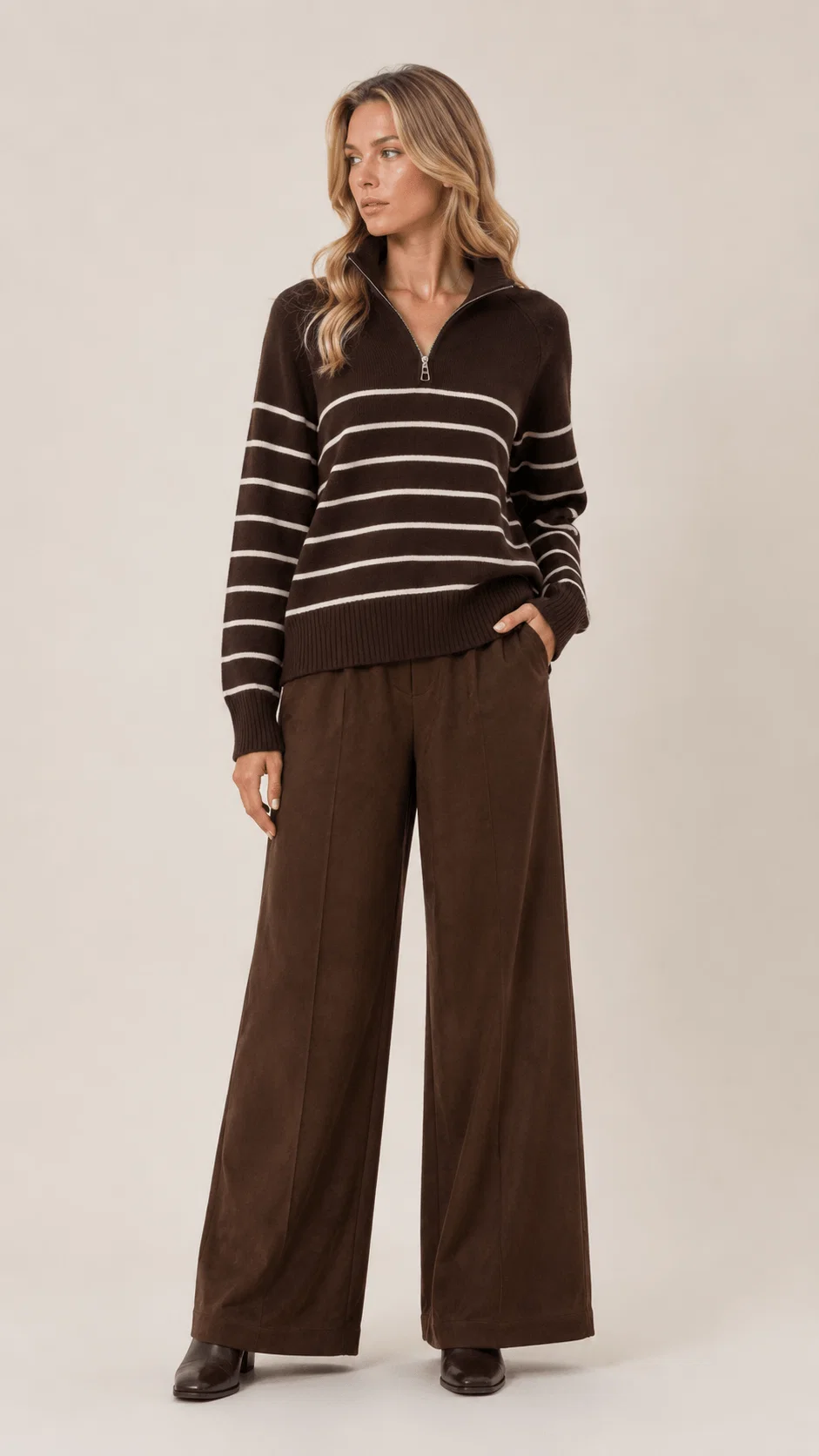 Casaco Tricot Listras Gola Polo Zíper - Cafe — imagem 1