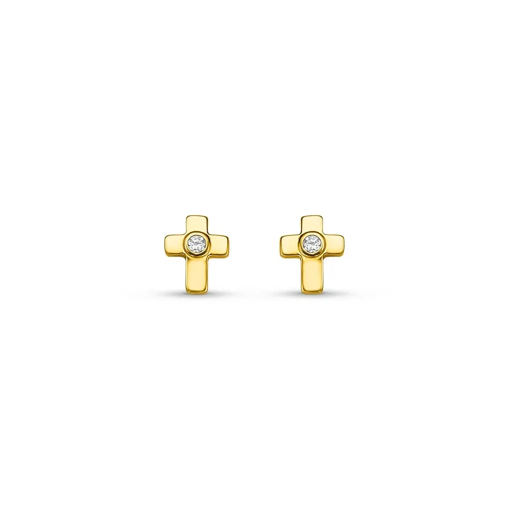 Brinco Baby Cruz em Ouro Amarelo 18k com Safira Incolor