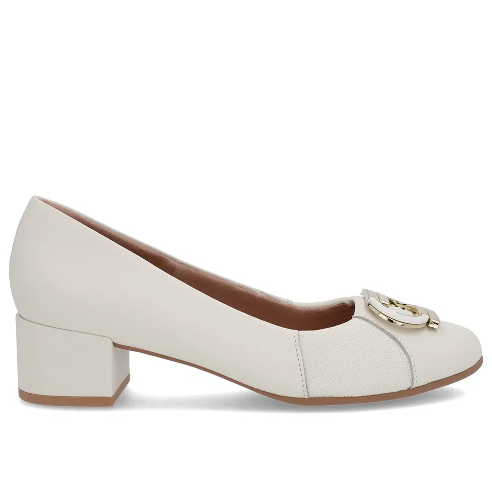 Scarpin Branco Marfim Couro Lateral Tecido