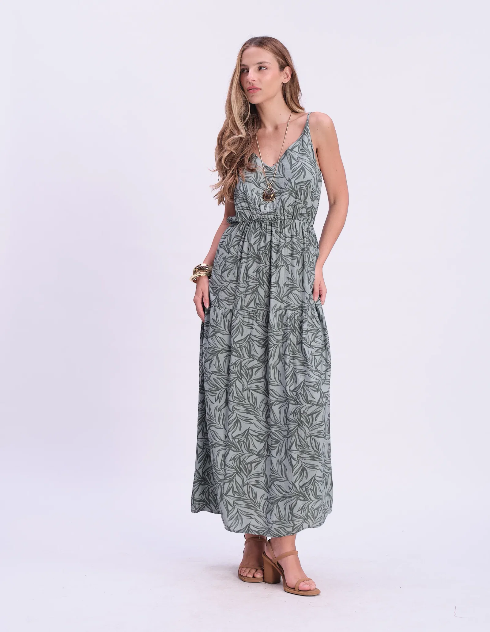Vestido Longo Alça Fina Estampado Ramos - Verde