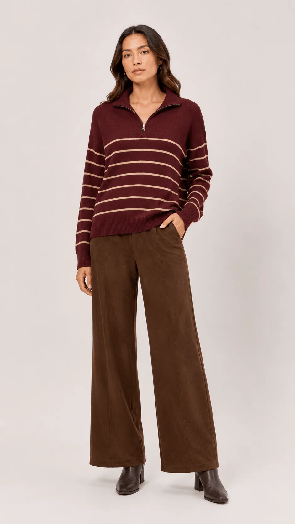 Casaco Tricot Listras Gola Polo Zíper - Vinho
